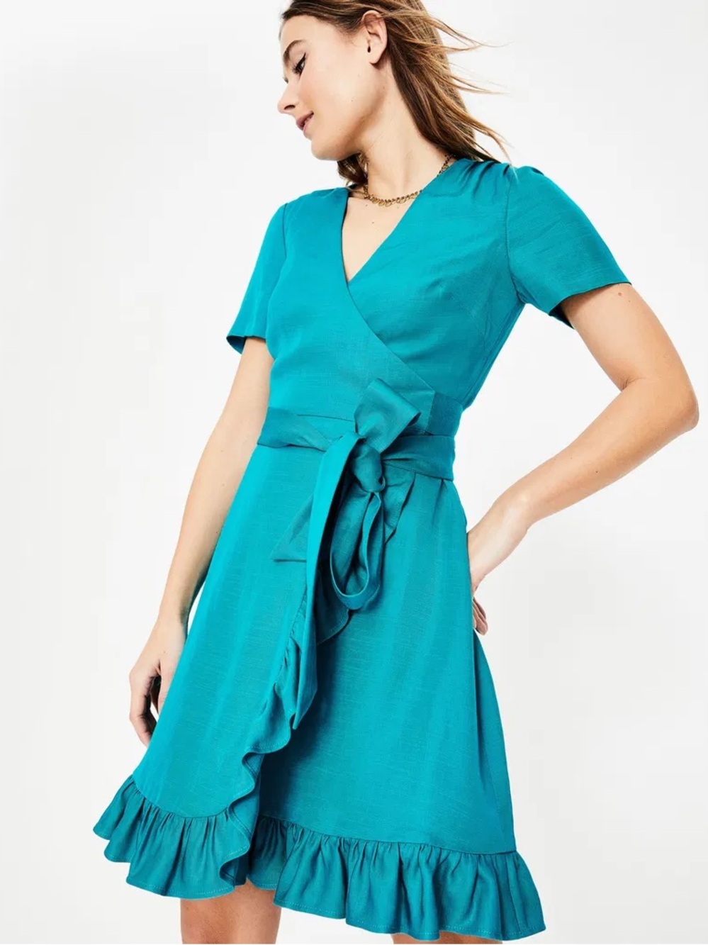 Boden Federica Wrap Dress Teal Linen Blend Ruffle Hem Tie Waist US 8 UK 12R